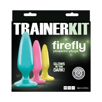 Multicolor Firefly Trainer Kit with three glow-in-the-dark TPE anal plugs in graduated sizes for beginner to advanced use.