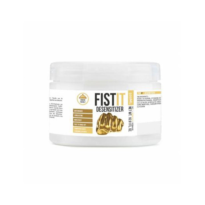 Jar of Fist It Desensitizer water-based numbing lubricant with gold fist graphic on label.
