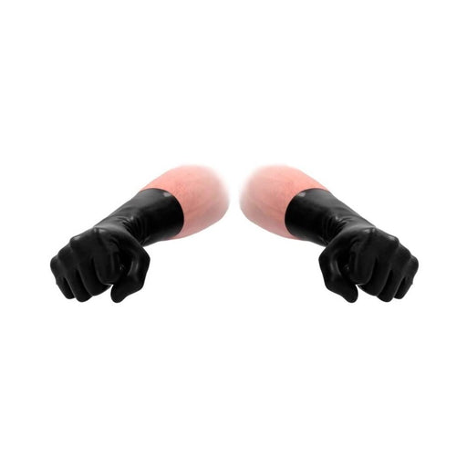 Pair of black latex short gloves worn on clenched fists against a white background.