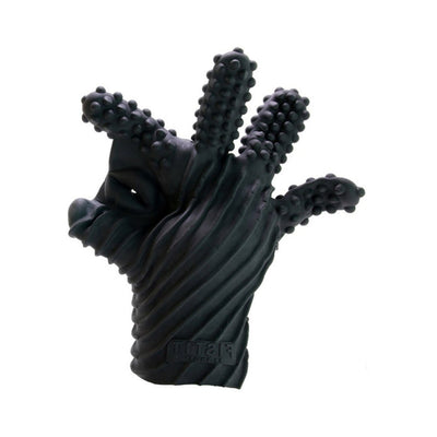Black textured masturbation glove with raised nodules on fingers and ribbed design on palm and thumb area.