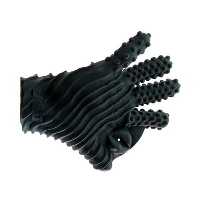 Black textured sensory glove with raised dots on fingers and ribbed patterns on the body for enhanced tactile stimulation.