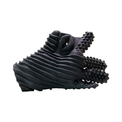 Black textured masturbation glove with dotted fingertips and ribbed body for enhanced sensory stimulation.