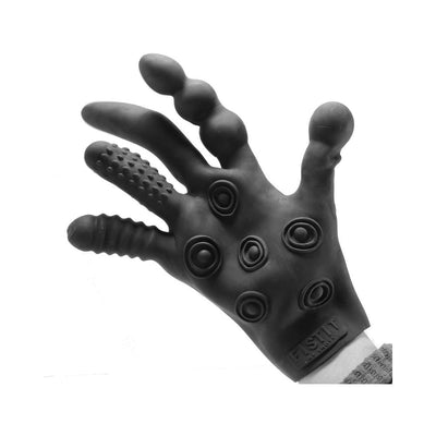 Black silicone stimulation glove with textured fingers and ribbed palm rings for varied sensory pleasure.