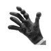 Black silicone stimulation glove with textured fingers and ribbed palm rings for varied sensory pleasure.