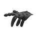 Black silicone stimulation glove with textured fingers and ribbed palm rings for varied sensory pleasure.