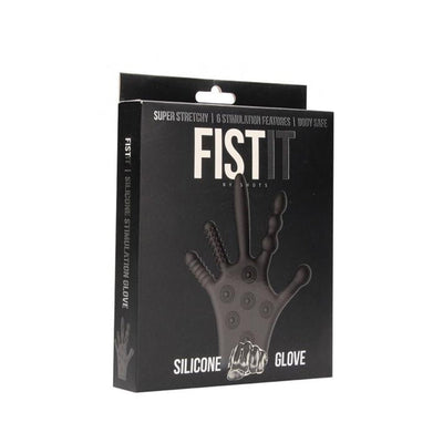 Black packaging of Fist It Silicone Stimulation Glove featuring a textured glove illustration and product details.