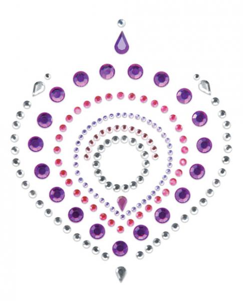 Decorative self-adhesive crystal tattoo in purple, pink, and silver tones arranged in a circular pattern.