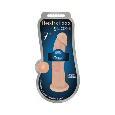 Packaging of Fleshstixxx 7-inch bendable silicone dildo in chocolate color with suction cup base.