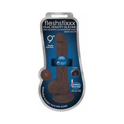 Chocolate-colored 9-inch flexible silicone dildo with balls in branded Curve Toys packaging.