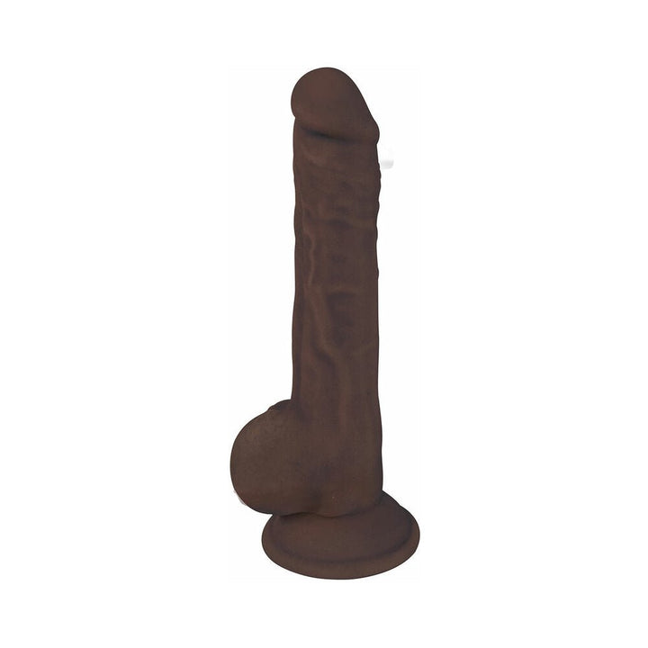 Chocolate-colored 9-inch flexible silicone dildo with textured veins and suction base.