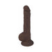 Chocolate-colored 9-inch flexible silicone dildo with textured veins and suction base.