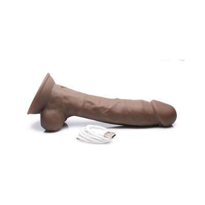 Brown 8-inch rechargeable vibrating dong with suction base and USB charging cable on white background.