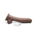 Brown 8-inch rechargeable vibrating dong with suction base and USB charging cable on white background.
