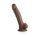 Brown flexible silicone dildo with suction base, realistic texture and shape, standing upright on white background.
