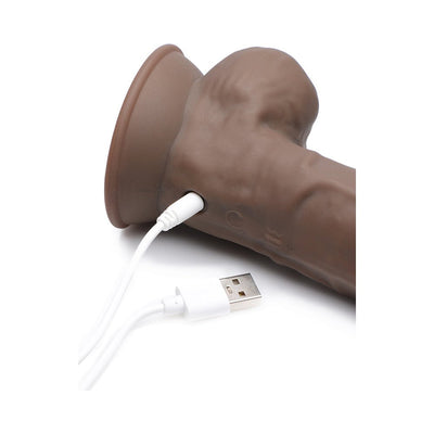 Brown 8-inch rechargeable vibrating dong with USB charging cable and suction base on white background.