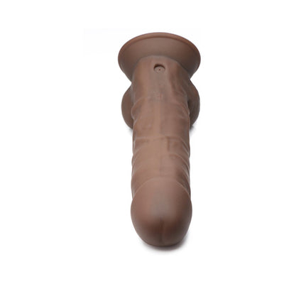 Brown 8-inch flexible vibrating dong with suction base, realistic texture, and smooth silicone finish.