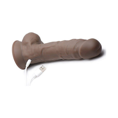 Brown 8-inch rechargeable vibrating dong with suction base and USB charging cable on white background