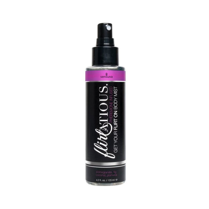 Sensuva Flirtatious Pheromone-Infused Body Mist 4.2oz in black bottle with purple label, pomegranate scent.