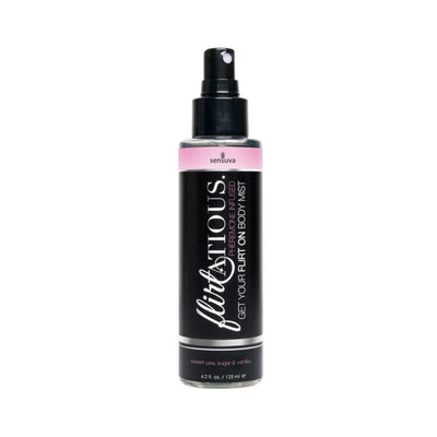 Flirtatious vanilla-scented body mist spray bottle with black and pink label, 4.2 oz size.
