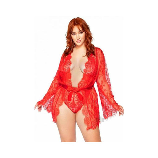 Floral Teddy Thong Robe 3pc 1x/2x Red - SexToy.com