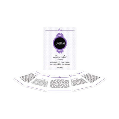 Lavender-scented Foreplay bath salts packet with five romantic game cards fanned out below on white background.