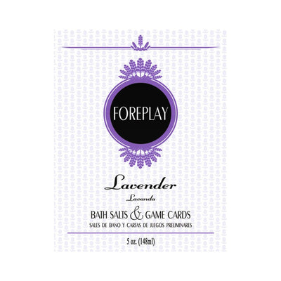 Lavender scented Foreplay bath salts and game cards packet with purple floral design, 5 oz size.