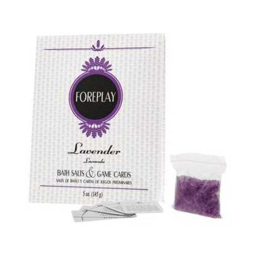 Foreplay Lavender bath salts and game cards set with purple bath salts in a small clear bag and decorative packaging.