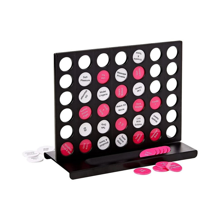 Foreplay Connect Game board with pink and white activity chips arranged for couples' intimate game night.