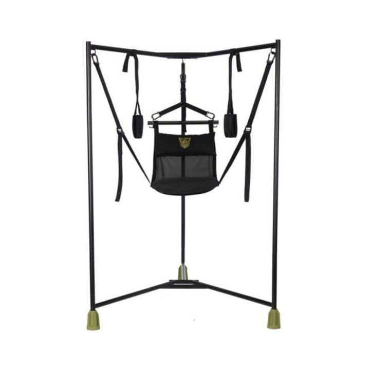 Black Fort Troff Hammock Hangar sling with adjustable straps and sturdy tri-leg frame on white background.