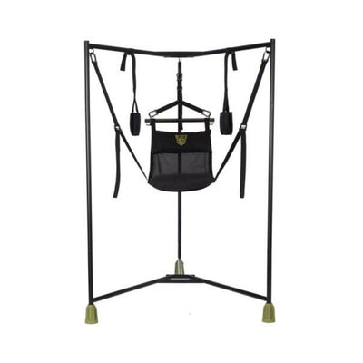 Black Fort Troff Hammock Hangar sling with adjustable straps and sturdy tri-leg frame on white background.