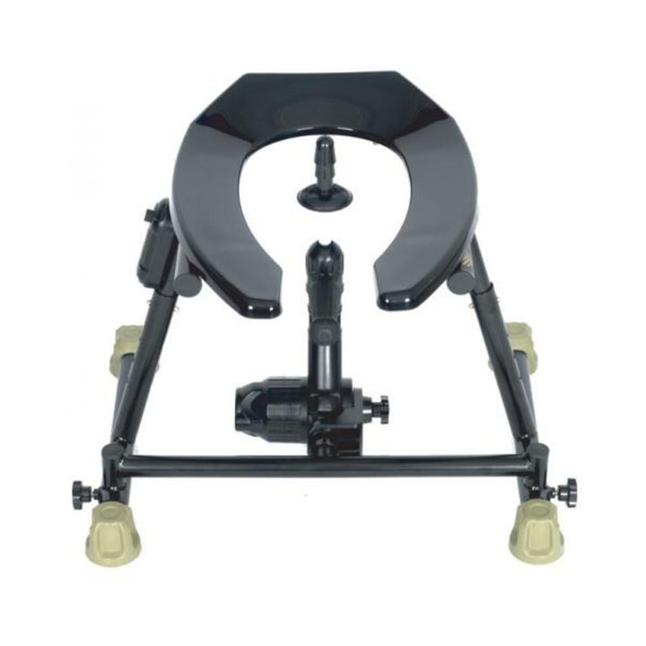 Black heavy-duty adjustable frame with open-end toilet seat and padded support, designed for comfort and stability.