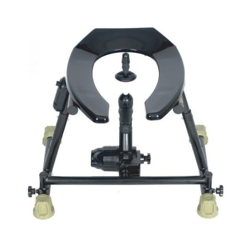 Black heavy-duty adjustable frame with open-end toilet seat and padded support, designed for comfort and stability.