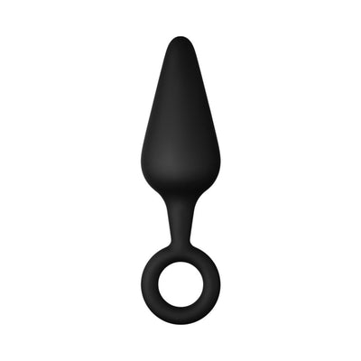 Black silicone plug with classic tapered shape and circular pull ring base for easy removal.