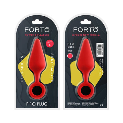 Red silicone plug with pull ring in black and yellow Forto branded packaging, size large, silky smooth finish.