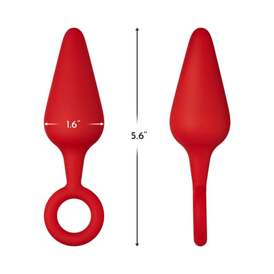 Red silicone plug with pull ring, conical shape, measuring 5.6 inches long and 1.6 inches wide.