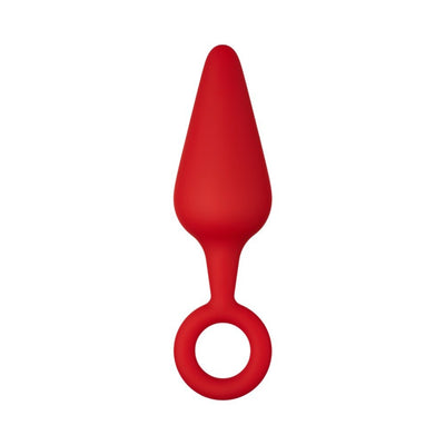 Red silicone plug with tapered shape and circular pull ring base on white background.