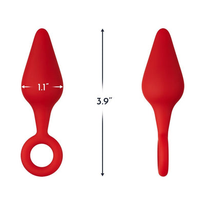 Red silicone conical plug with pull ring, shown from front and side with size measurements 3.9 inches long and 1.1 inches wide.