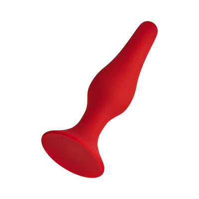 Red silicone flexible dildo with tapered tip and suction cup base for hands-free use.