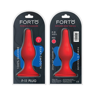 Red silicone F-11 plug with a smooth texture and suction base, packaged in black and blue Forto branded box.