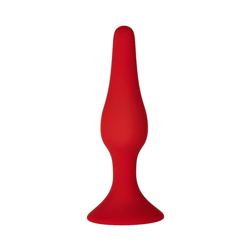 Red silicone flexible dildo with tapered tip and suction cup base for hands-free use.
