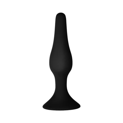 Black silicone flexible plug with tapered tip and sturdy suction cup base for secure placement.