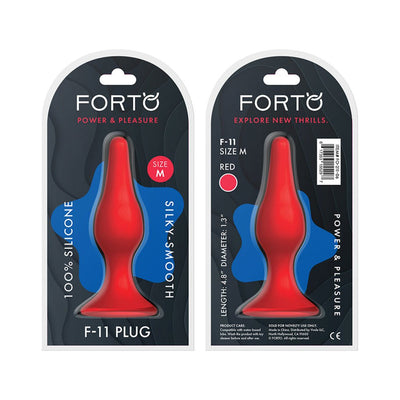 Forto F-11 medium red silicone plug with suction base in black and blue retail packaging shown front and back.