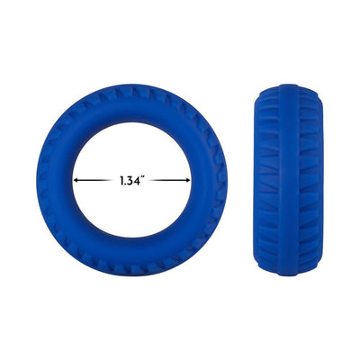 Blue 35mm textured liquid silicone C-ring shown from front and side with 1.34-inch inner diameter measurement.
