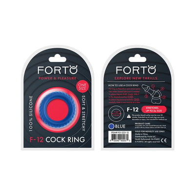 Front and back packaging of Forto F-12 blue 35mm 100% liquid silicone soft and stretchy C-ring.