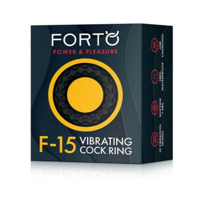 Packaging box of Forto F-15 silicone vibrating cock ring with black and yellow design and product features listed.