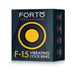 Packaging box of Forto F-15 silicone vibrating cock ring with black and yellow design and product features listed.