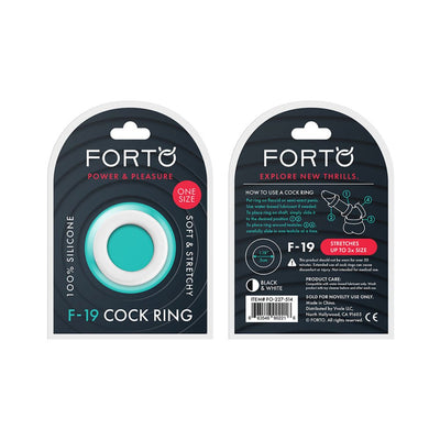 Front and back packaging of Forto F-19 two-tone black and white silicone C-ring with usage instructions and product details.