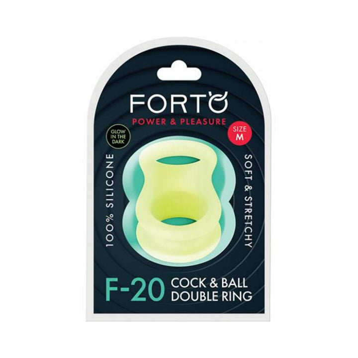 Forto F-20 glow-in-the-dark soft and stretchy double silicone ring in size medium packaging.