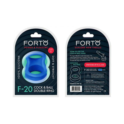 Packaging of Forto F-20 blue double ring made of soft, stretchy 100% silicone for cock and ball use, size large.