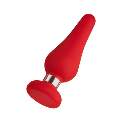 Red silicone teardrop-shaped pleasure device with a silver aluminum ring and flat base.